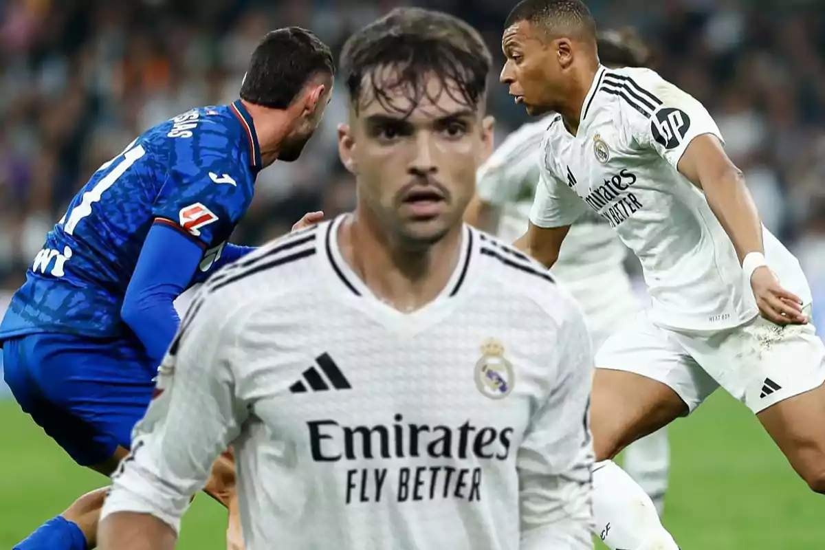 Jugadores de fútbol en acción durante un partido, uno de ellos en primer plano con la camiseta blanca del Real Madrid y otros dos en el fondo, uno con camiseta azul.