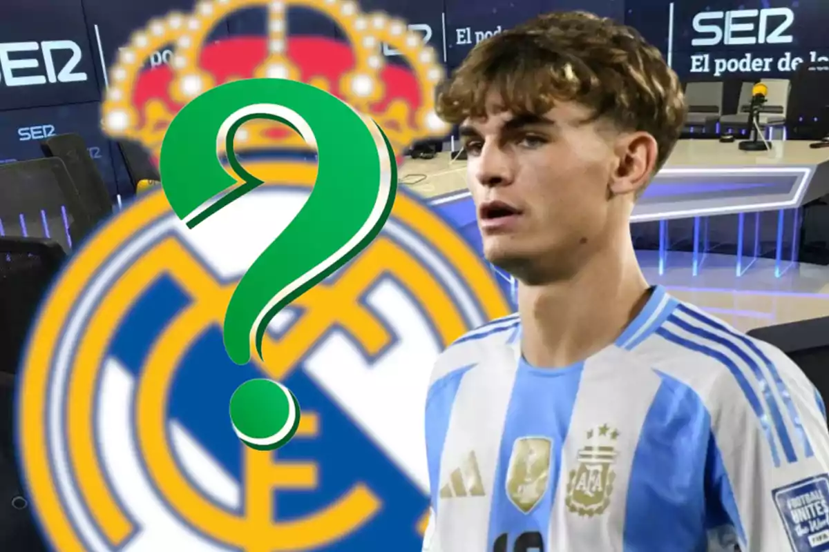 Young player wearing an Argentina jersey in front of the Real Madrid crest and a green question mark