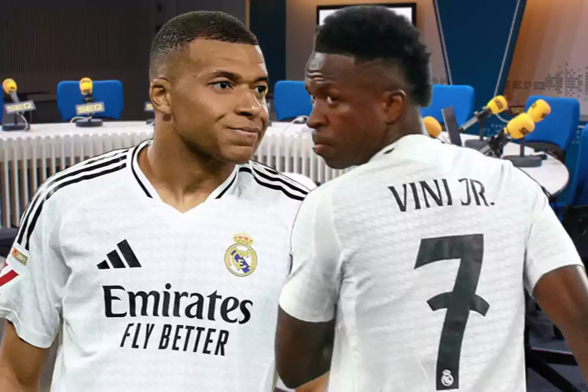 Two players wearing Real Madrid jerseys in a radio studio.