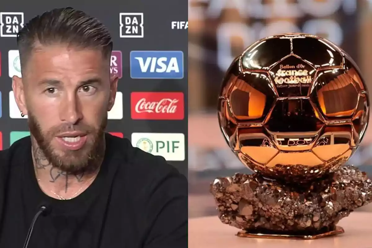 Un futbolista con barba y tatuajes en el cuello habla en una rueda de prensa mientras a su lado aparece el trofeo del Balón de Oro sobre una base dorada