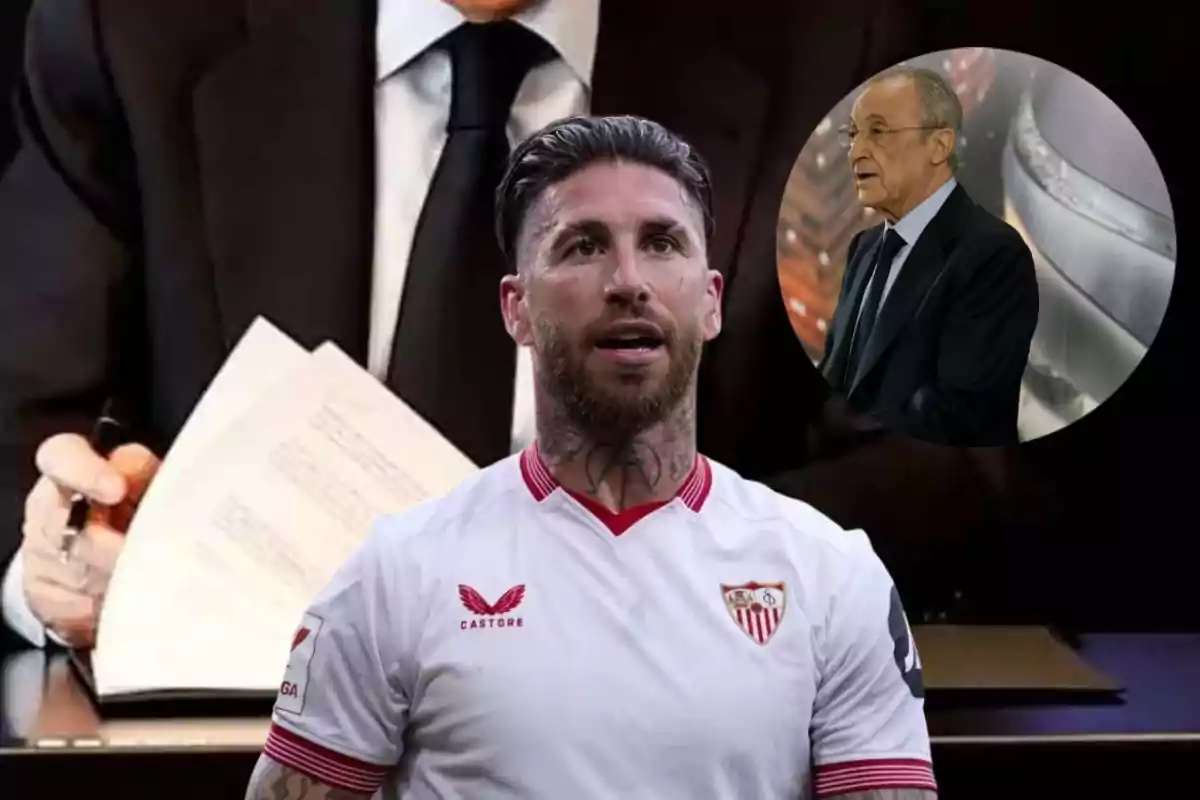 Un jugador de fútbol con la camiseta del Sevilla FC aparece en primer plano mientras en el fondo se ve a un hombre mayor en un círculo y una persona firmando documentos.