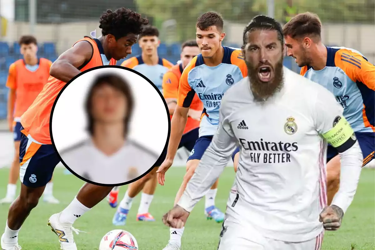 Jugadores de fútbol del Real Madrid entrenando en el campo con un jugador destacado en primer plano y un rostro desenfocado en un círculo.