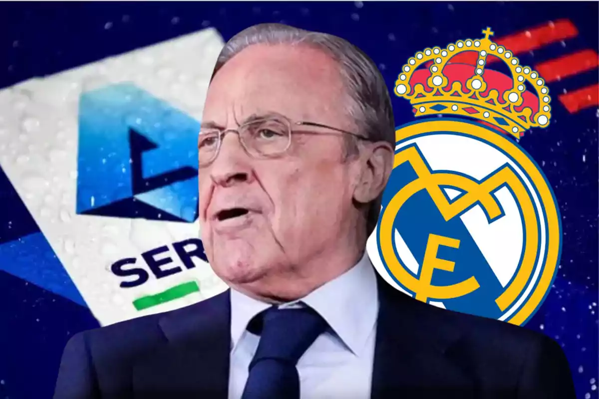 Hombre mayor con gafas y traje frente a los logotipos de la Serie A y el Real Madrid.