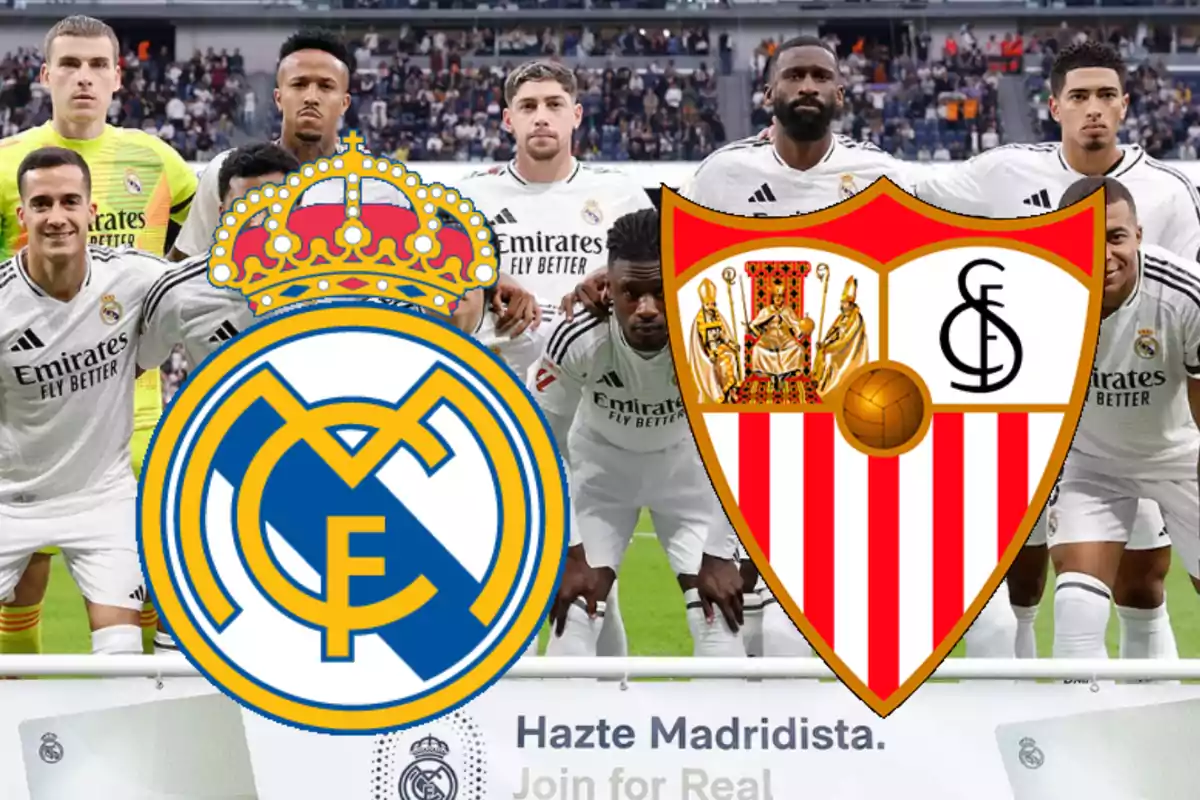 Real Madrid players posing with the Real Madrid and Sevilla FC crests superimposed.