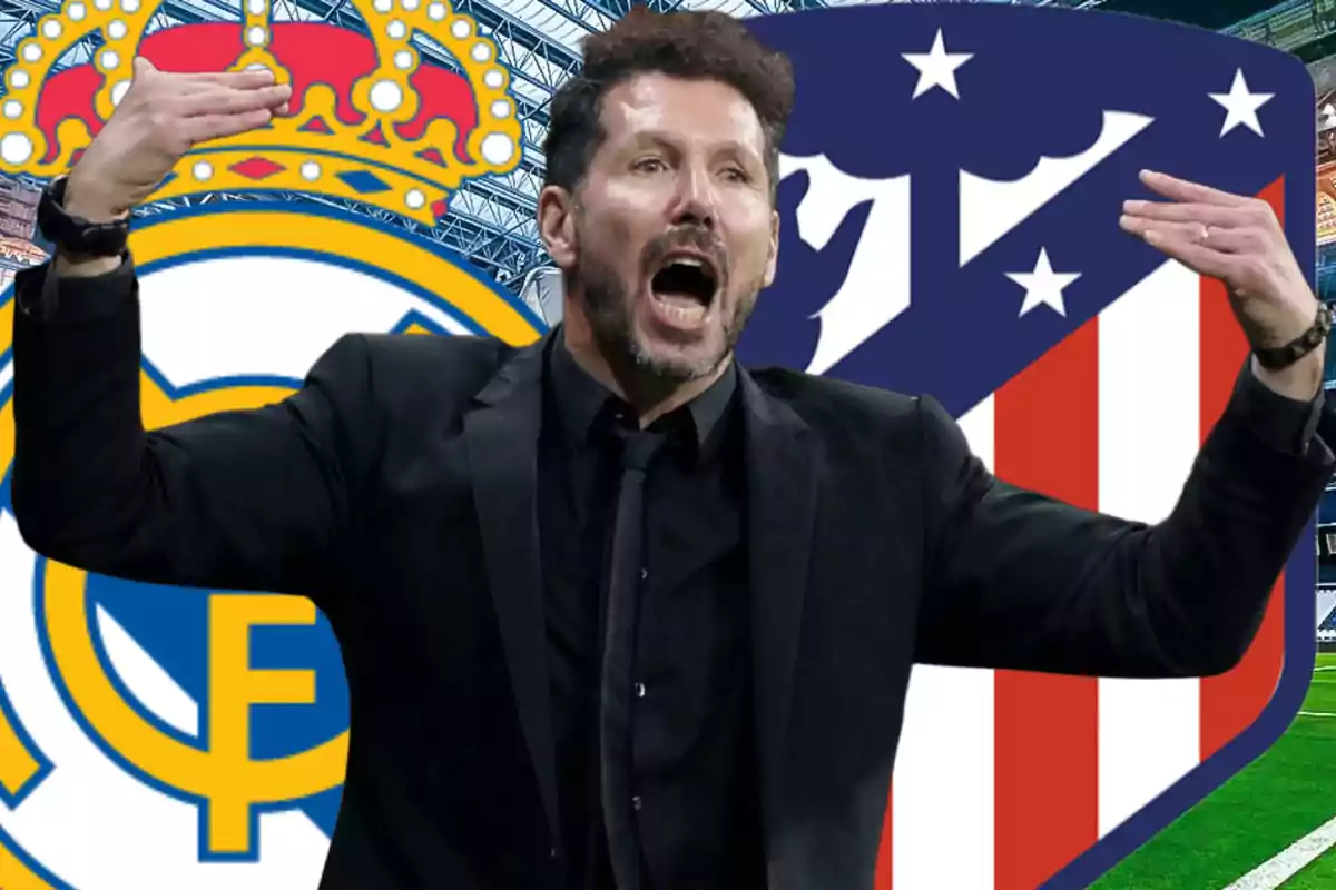 A man gesticulating energetically with the logos of Real Madrid and Atlético de Madrid in the background.