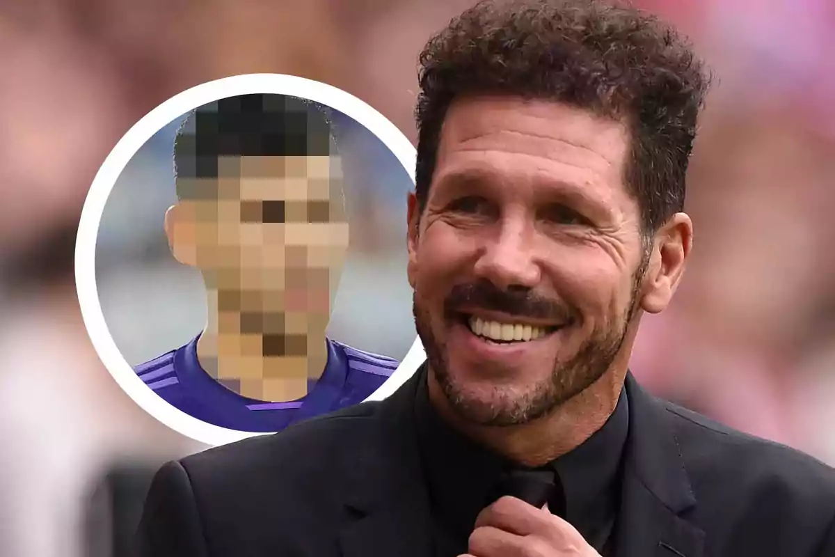 Smiling man with a beard and dark suit in the foreground and a blurred, pixelated figure in the background inside a white circle