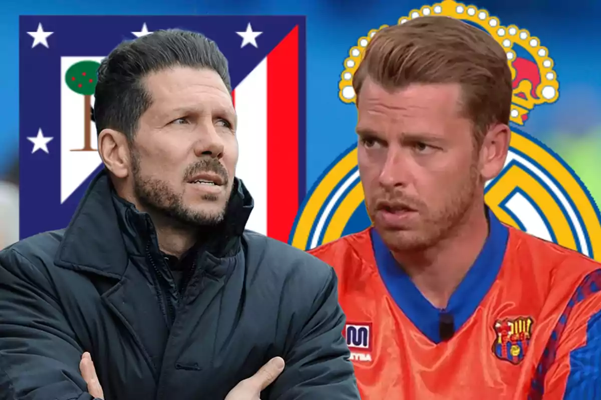 Dos hombres frente a los escudos del Atlético de Madrid y el Real Madrid.