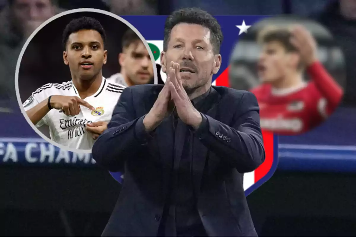 A soccer coach gestures with his hands, while in a circle a player wearing a Real Madrid jersey is shown pointing to the badge.