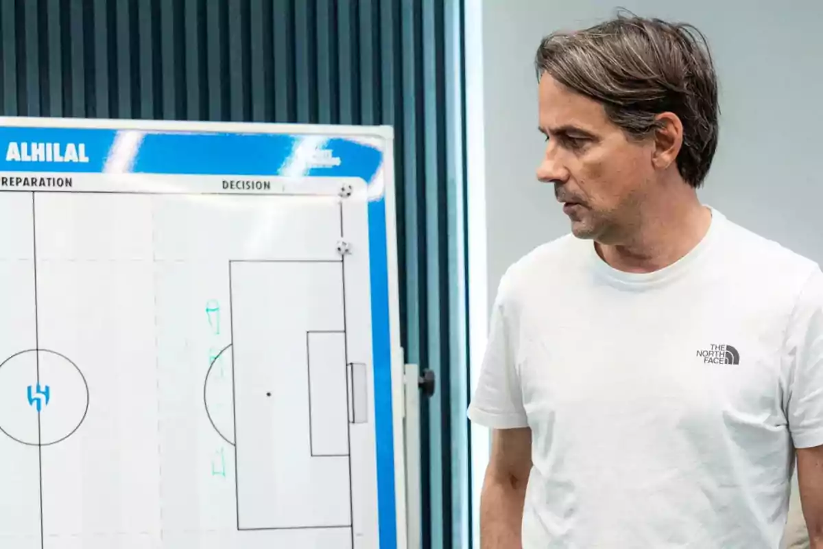 Hombre de cabello castaño con camiseta blanca de The North Face observando un pizarrón táctico de fútbol que tiene el nombre Al Hilal en la parte superior Hombre de cabello castaño con camiseta blanca de The North Face observando un pizarrón táctico de fútbol que tiene el nombre Al Hilal en la parte superior