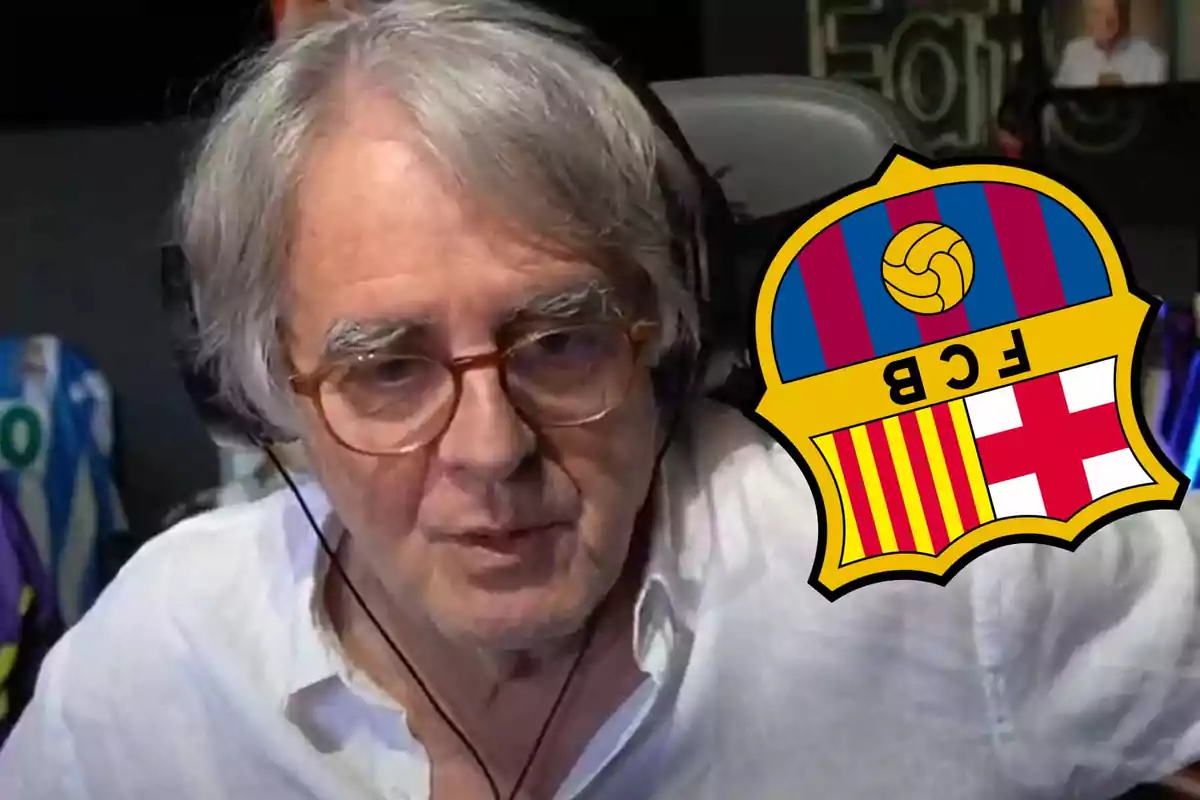 A man with headphones and the FC Barcelona crest in the foreground.