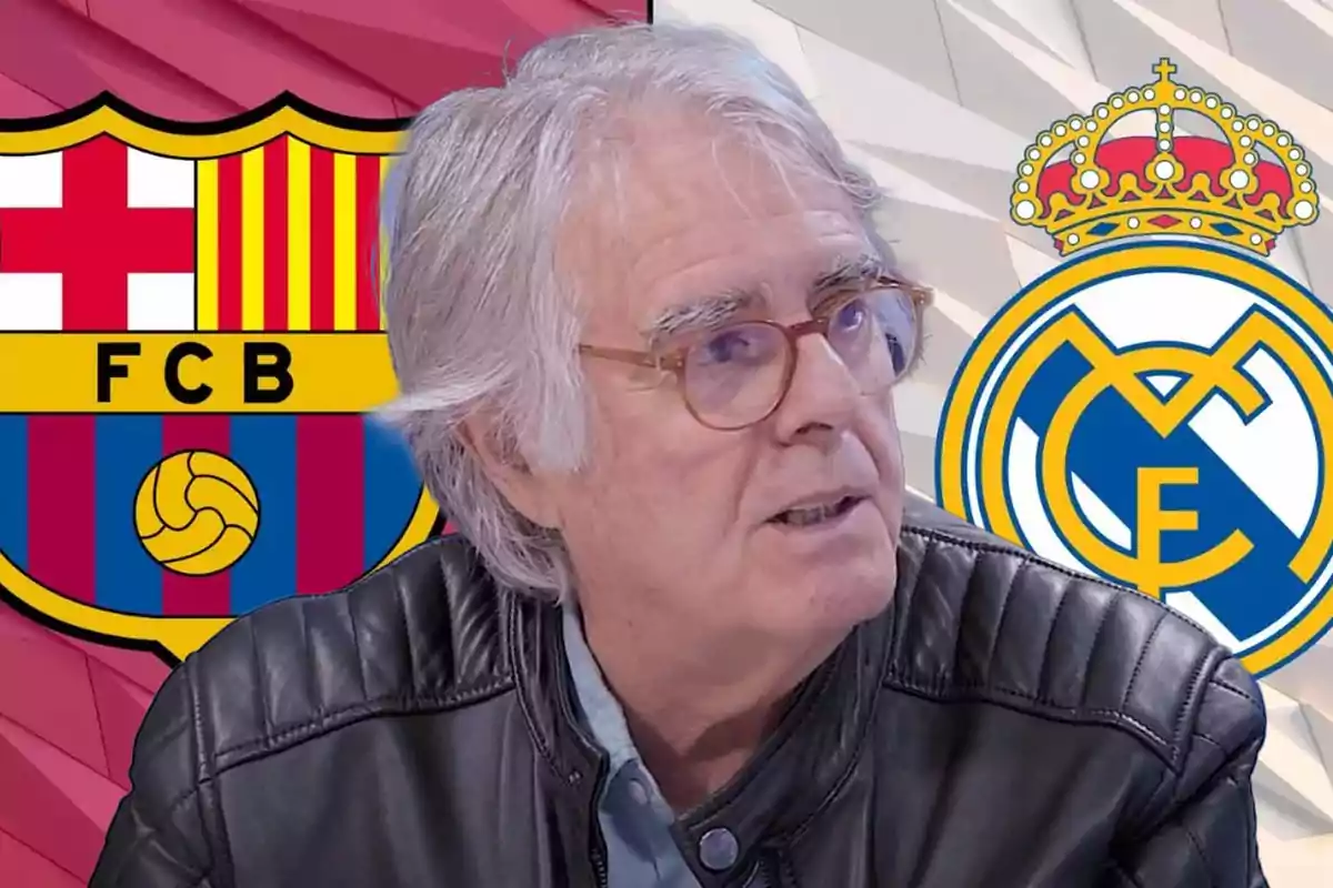 Gray-haired man with glasses wearing a leather jacket in front of the FC Barcelona and Real Madrid crests