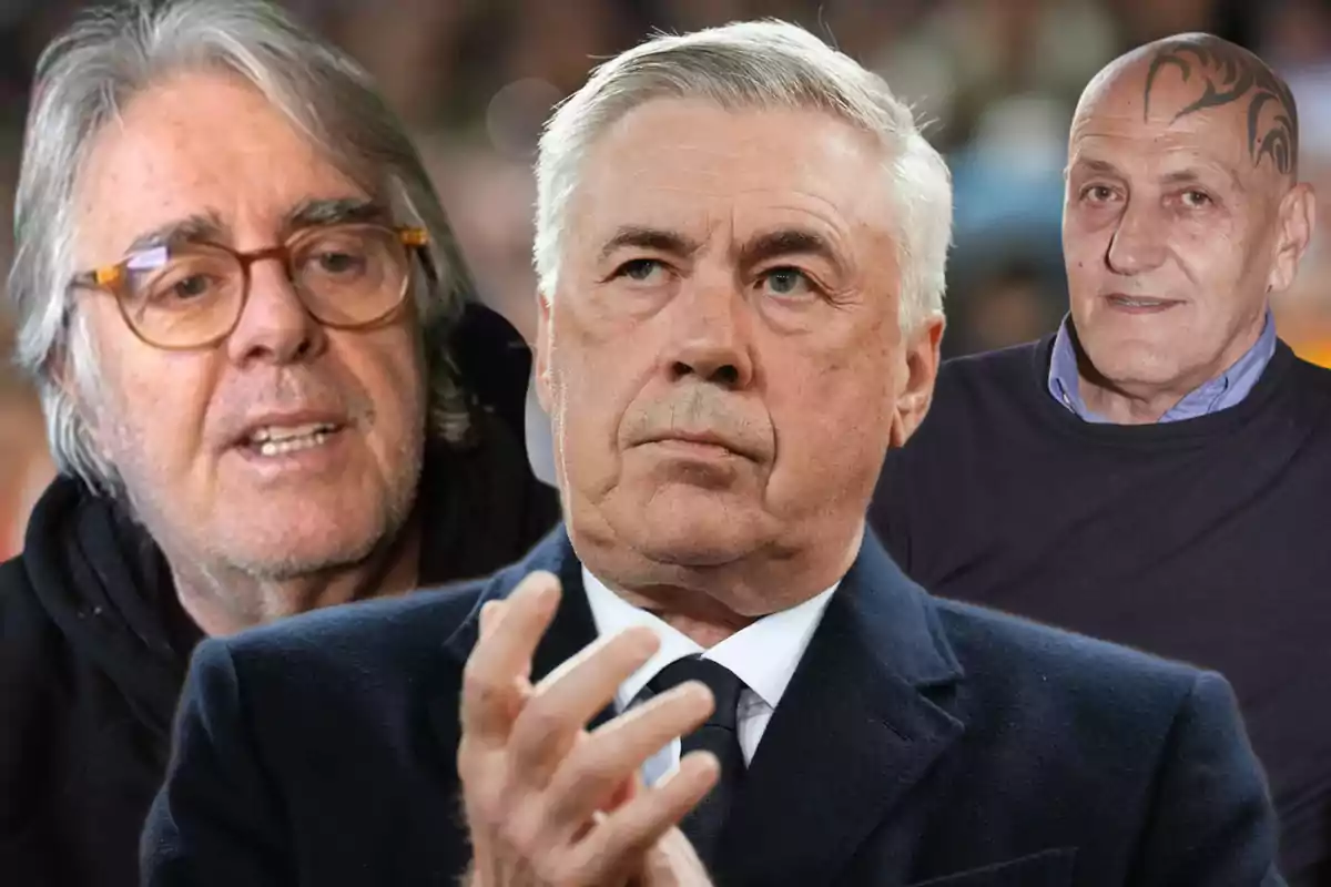 Three men in a composite image, one in the center with a dark suit and a serious expression, another on the left with glasses and gray hair, and the third on the right with a tattoo on his head.
