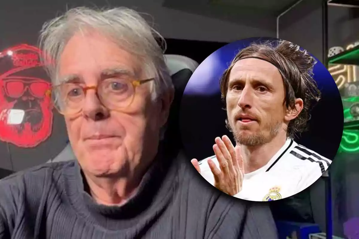 An older man with glasses and a dark sweater appears in the foreground, while in an overlaid circle a player in a white uniform is shown applauding.