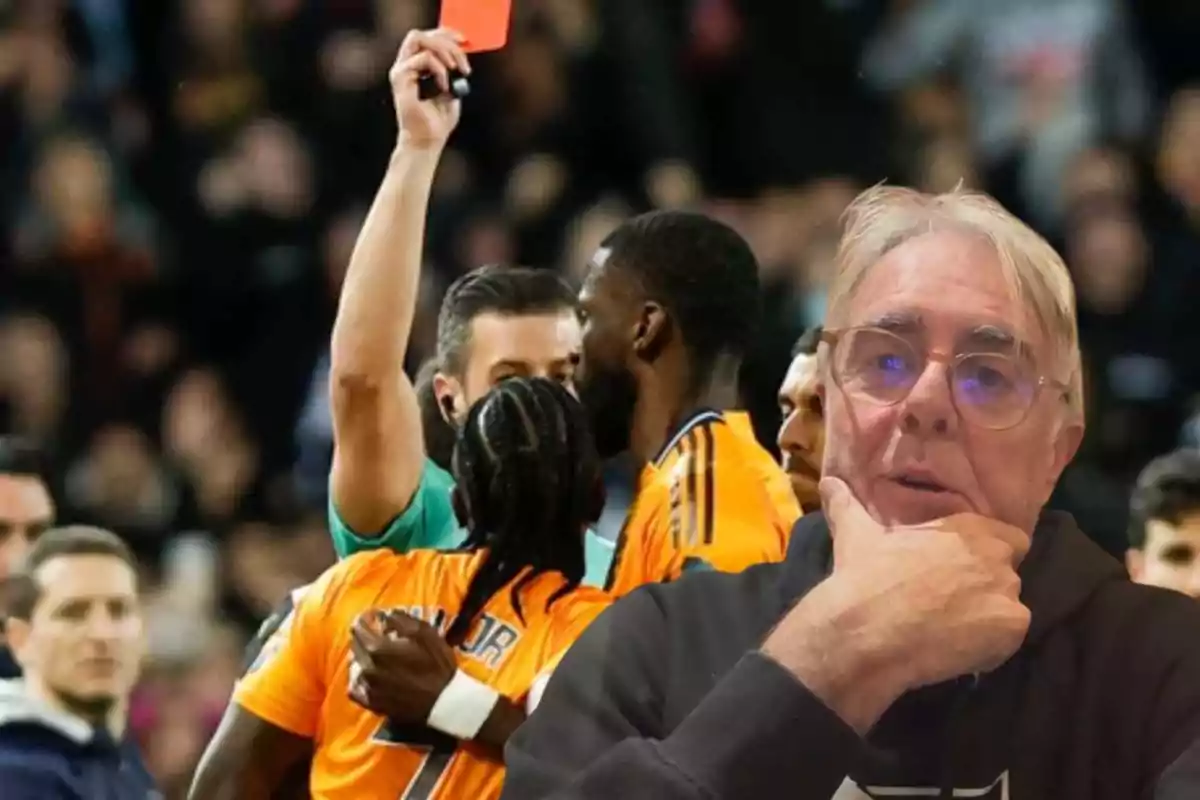 A referee shows a red card to a player while an older man looks on thoughtfully in the foreground.