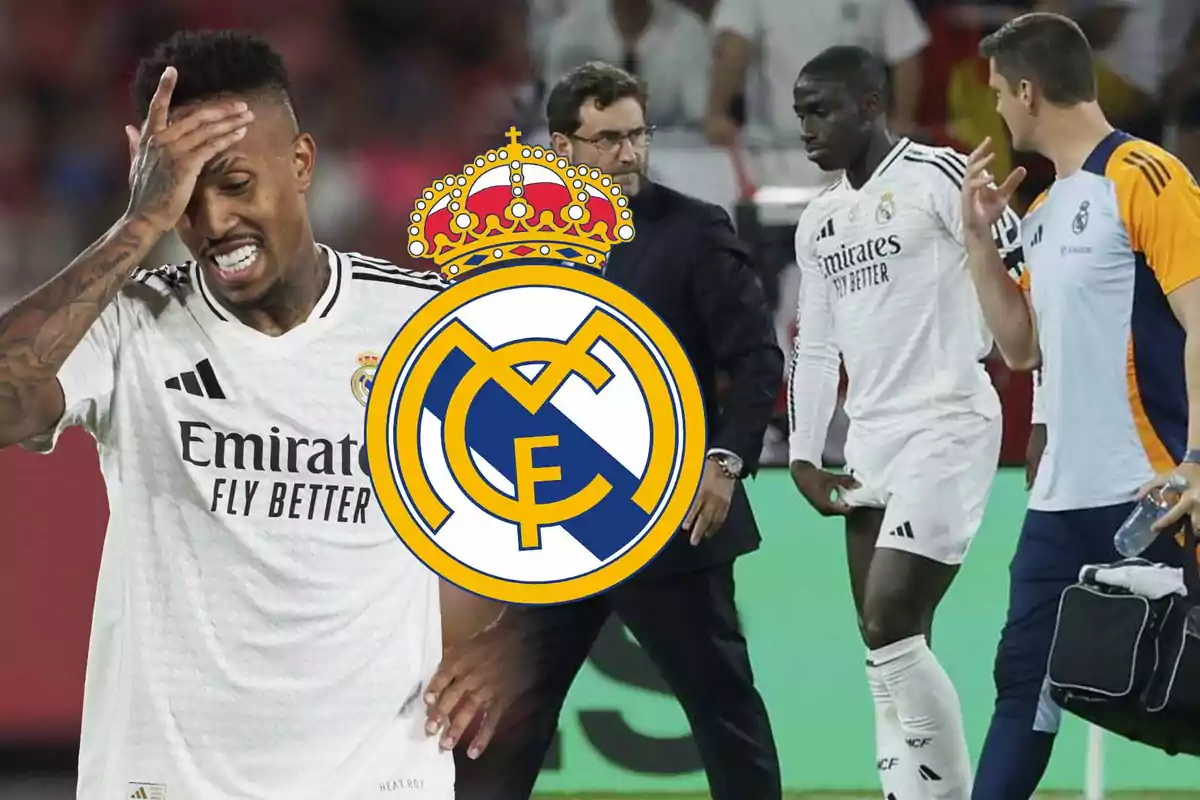Jugadores de fútbol del Real Madrid en el campo con el logo del equipo en primer plano.