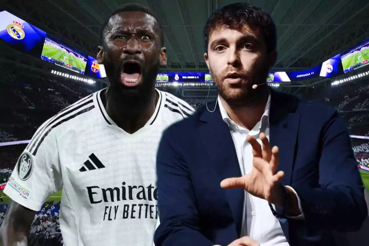 Soccer players in a stadium with screens displaying the Real Madrid logo and a match.