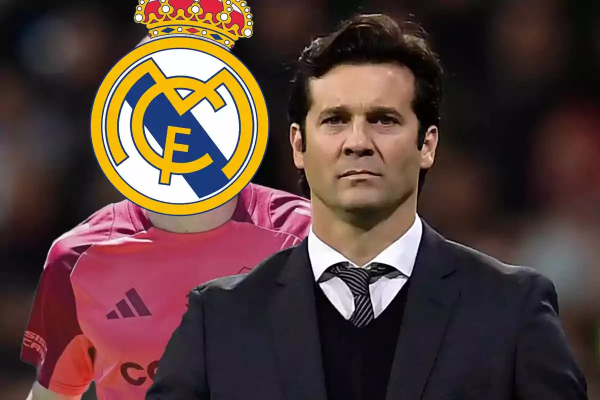 A man in a dark suit is standing in front of a figure with the Real Madrid logo on its face.