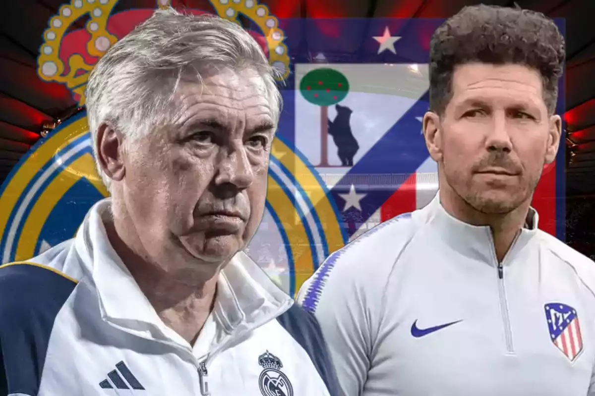 Two soccer coaches in front of their respective teams' crests in a stadium.