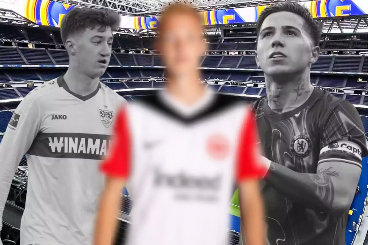 Soccer players in a stadium with a blurred player in the center.