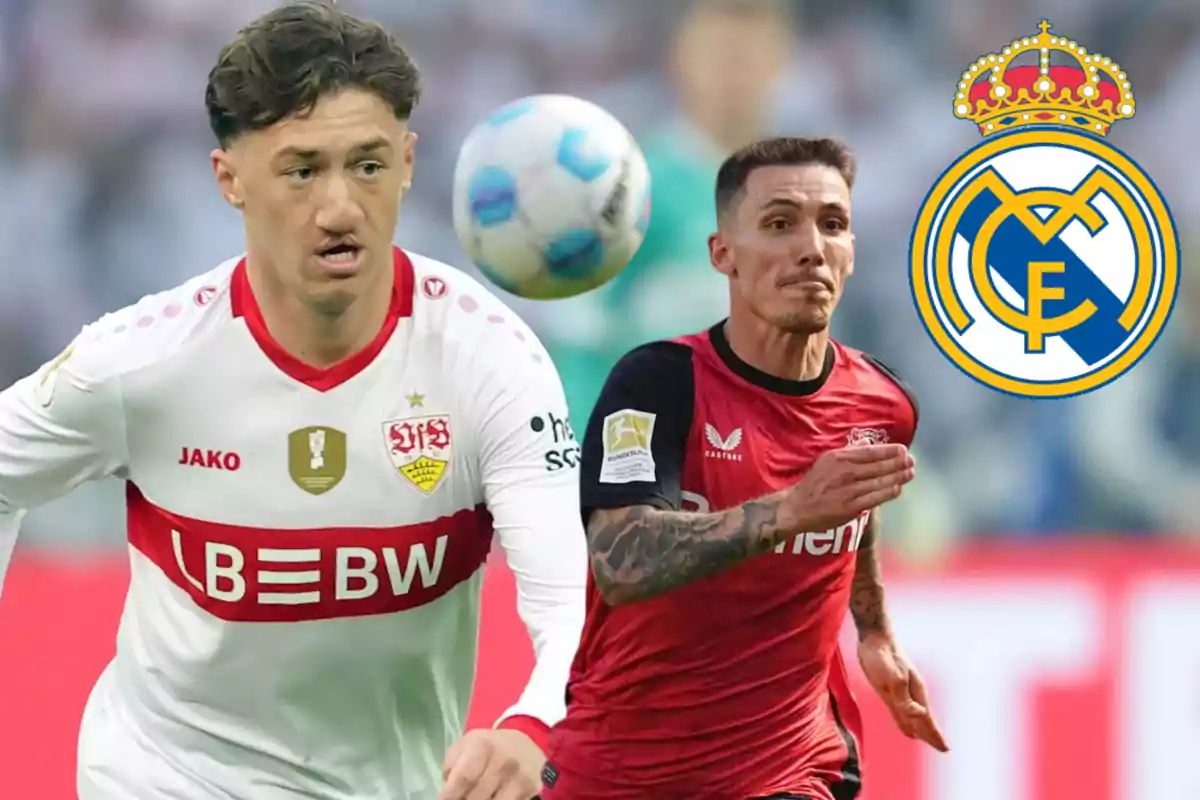 Two players in action with the Real Madrid crest in the background