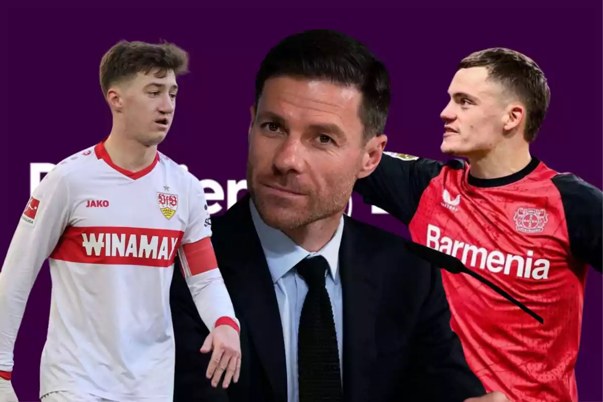 Three people appear in the image, two of them in soccer uniforms and one in the center wearing a suit, against a purple background.