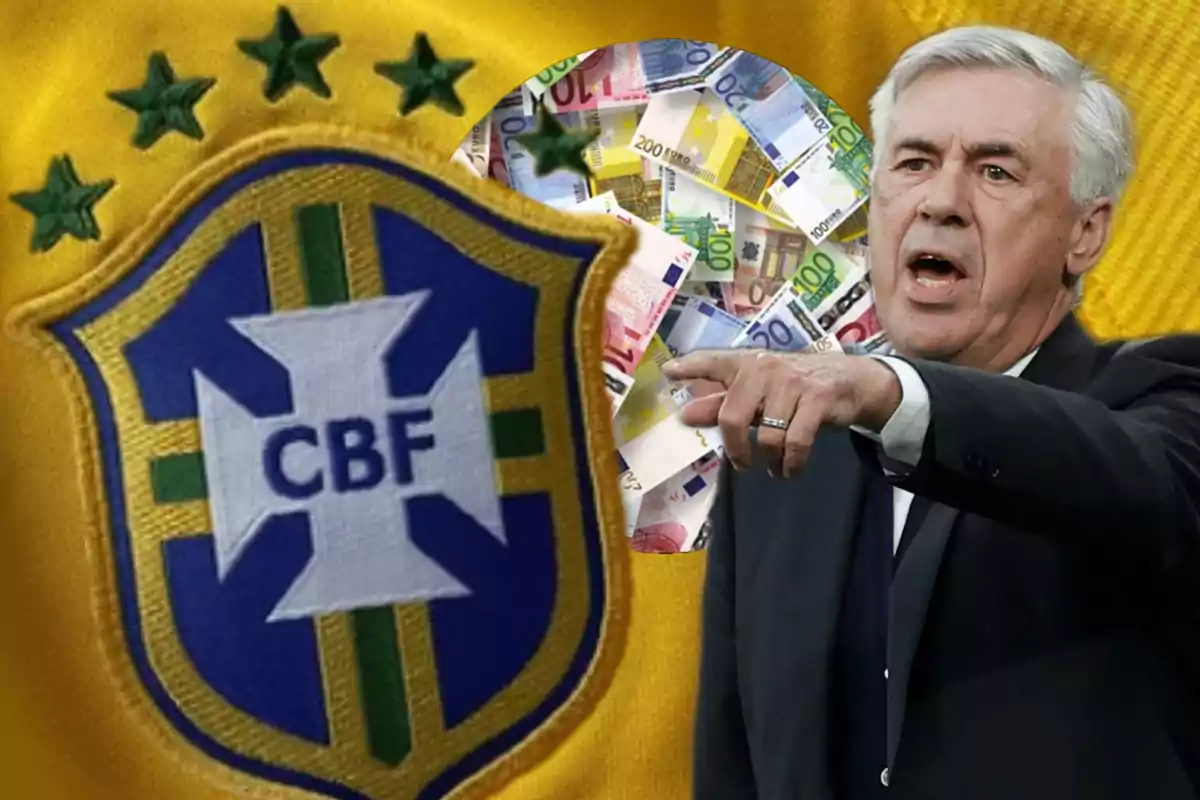 Un hombre de traje señalando con el dedo, junto a un escudo de la CBF y billetes de euro de fondo.