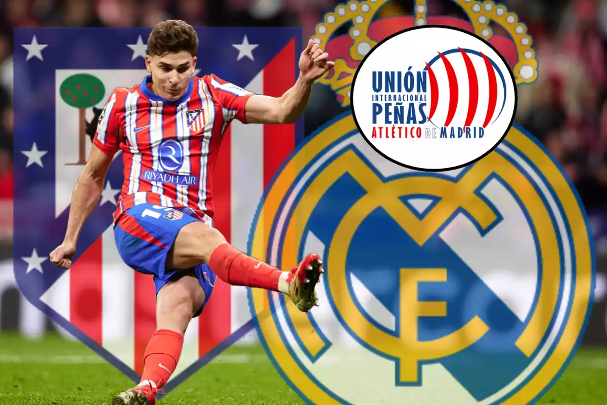 Un jugador de fútbol del Atlético de Madrid en acción con los escudos del Atlético y del Real Madrid de fondo.