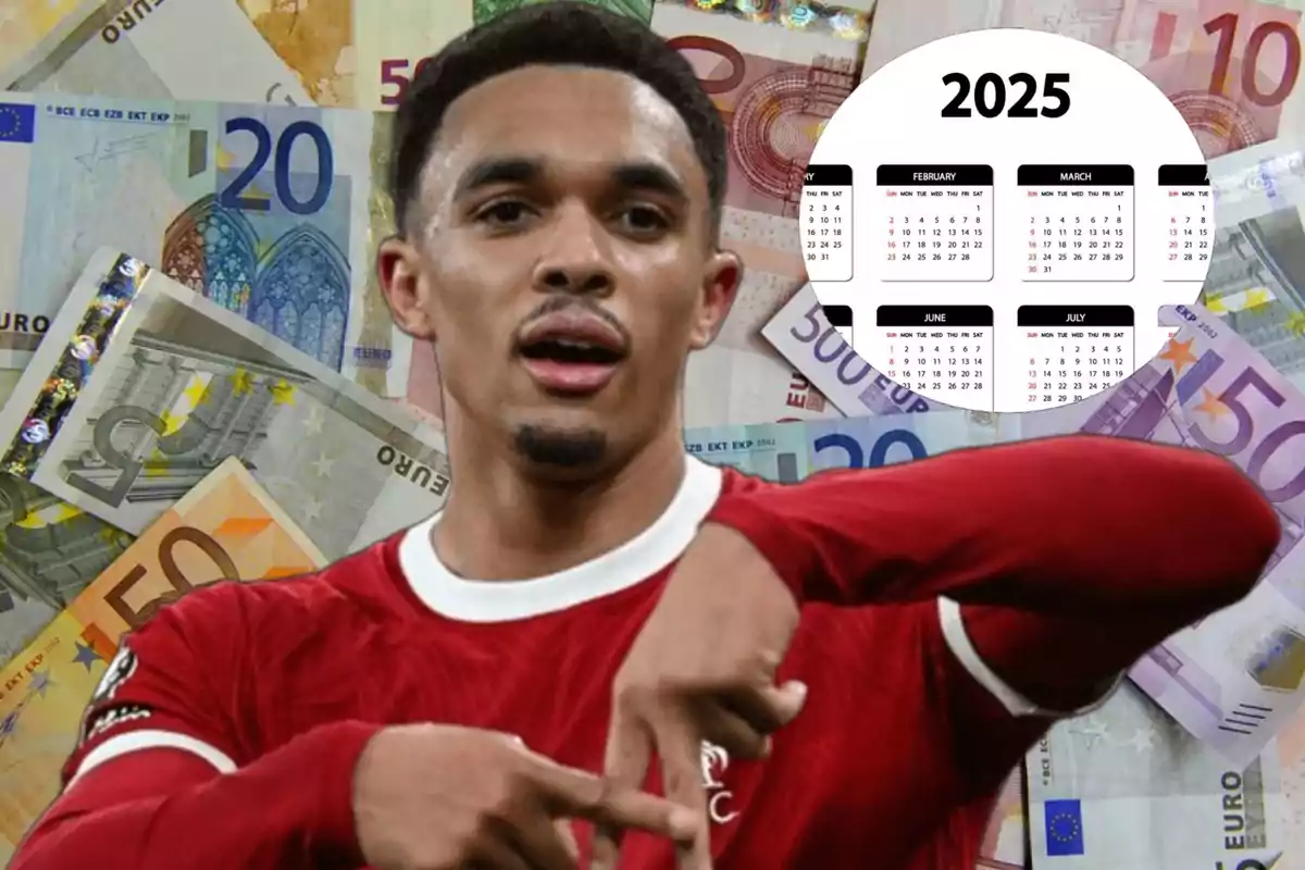 A soccer player in a red uniform gestures with his hands in front of a background of euro banknotes and a calendar for the year 2025.