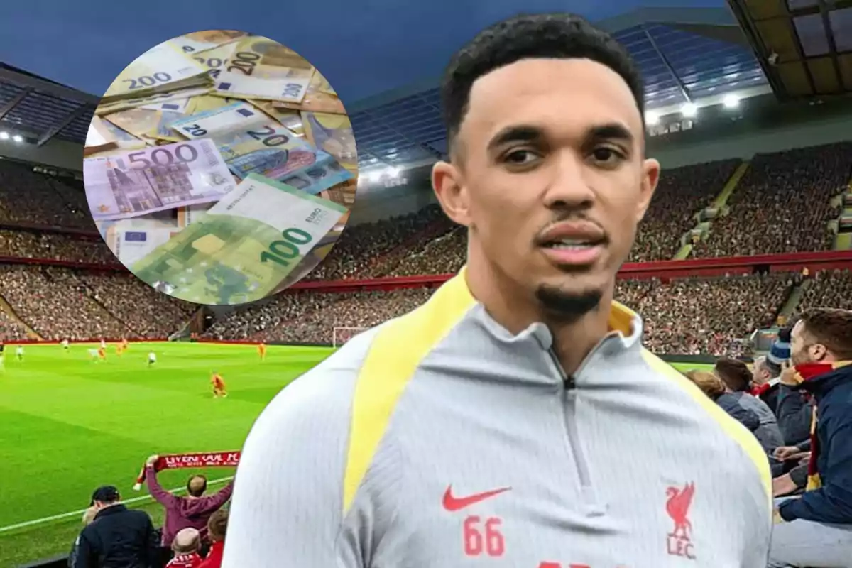 A soccer player in a packed stadium with a montage of euro bills in the background.