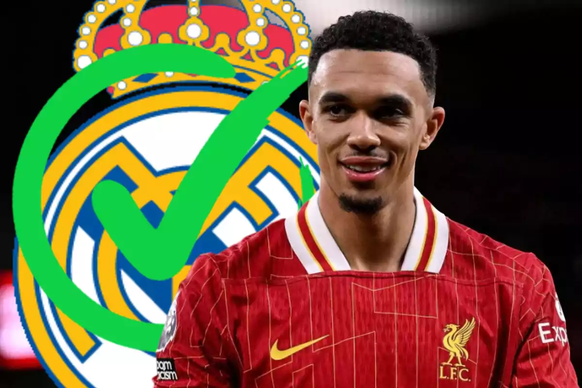 A player wearing a Liverpool jersey in front of the Real Madrid crest with a large green check mark.