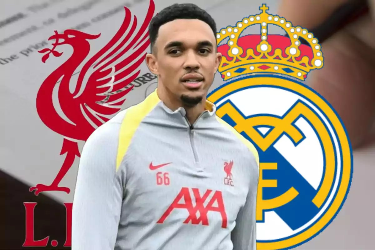 A soccer player in a Liverpool training uniform stands in front of the Liverpool and Real Madrid logos.