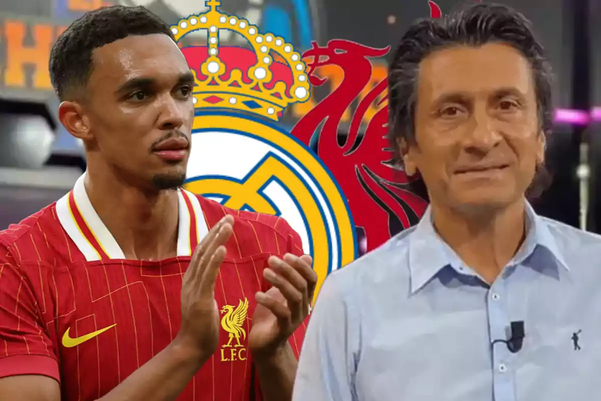 A soccer player wearing a Liverpool jersey and a man in a blue jersey stand in front of a background with the Real Madrid and Liverpool crests.