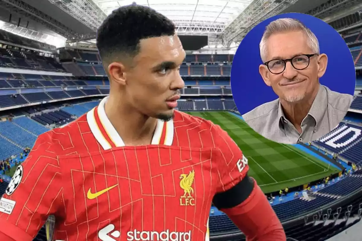 Un jugador de fútbol con la camiseta del Liverpool en un estadio, con un hombre en un recuadro en la esquina superior derecha.