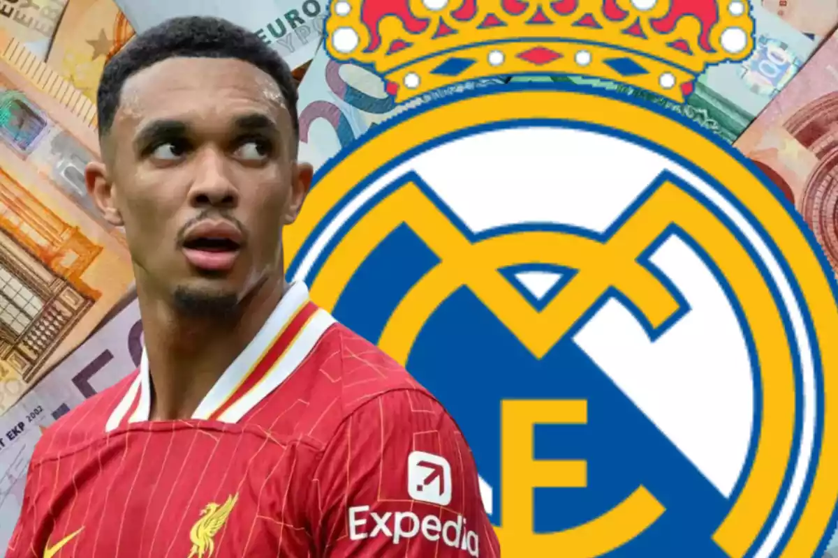 A player in a red jersey appears in front of the Real Madrid crest with euro bills in the background.