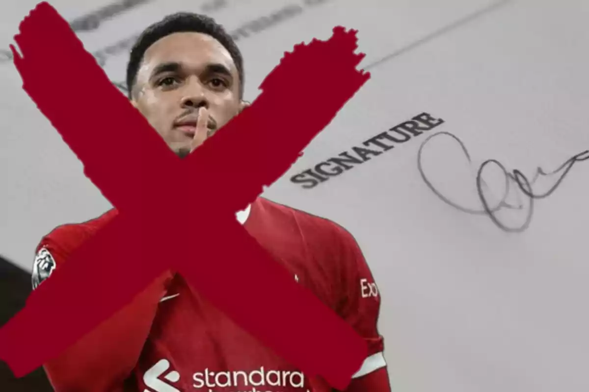 A player in a red uniform makes a shushing gesture while a large red X partially covers the image of a document with a signature.