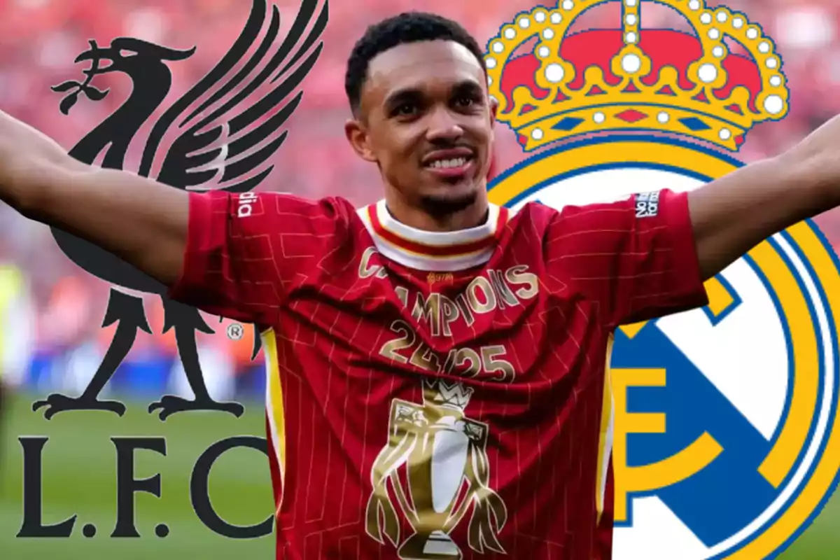 A player in a red jersey celebrates with arms outstretched, while the Liverpool and Real Madrid logos appear in the background.