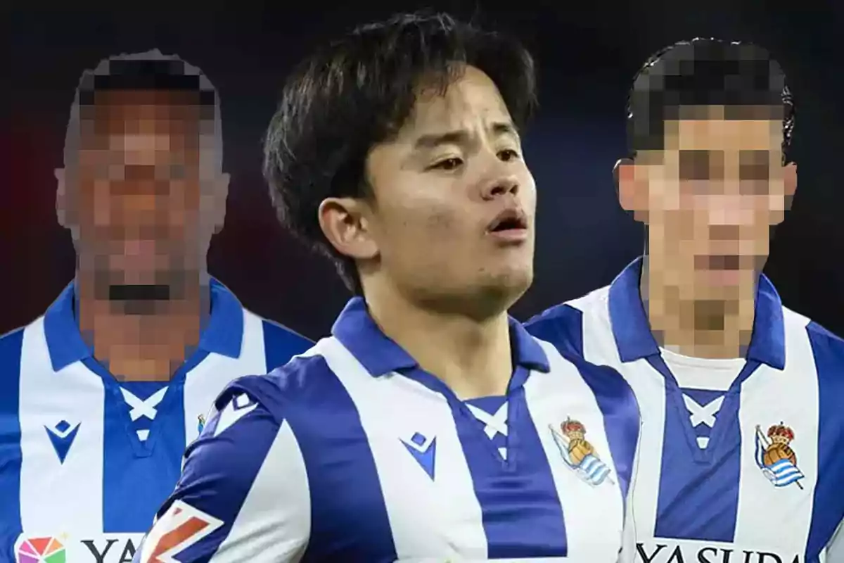 Three players wearing Real Sociedad jerseys, two of them with pixelated faces.