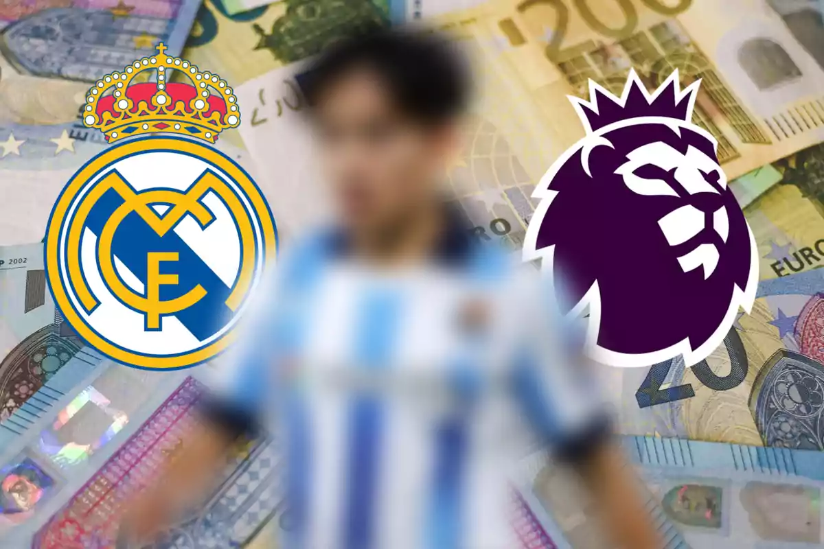 Real Madrid and Premier League logos next to a blurred player with a background of euro bills