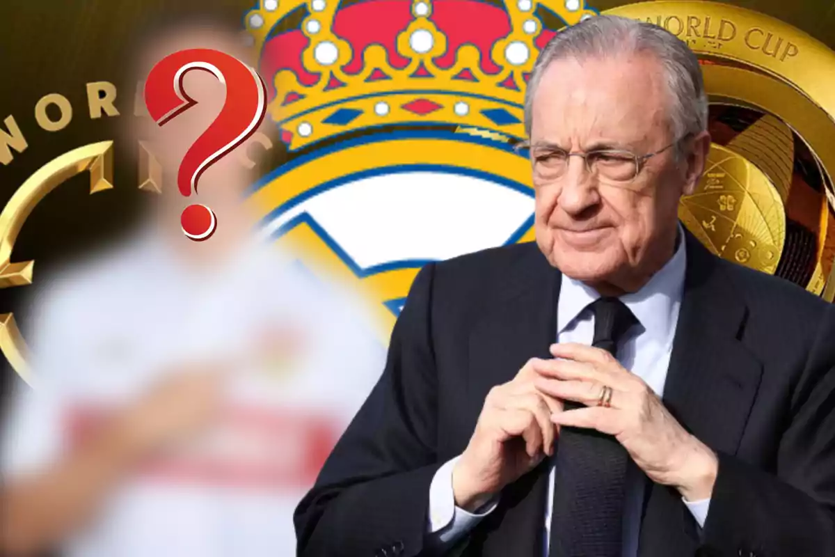 Man in a suit next to the Real Madrid crest and a blurred figure with a red question mark over their face