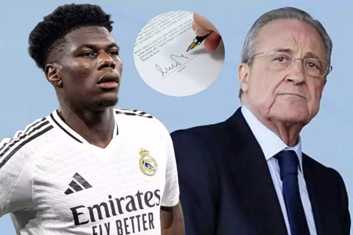 A soccer player wearing a Real Madrid jersey next to an older man in a suit, with a superimposed image of a hand transfer a document.