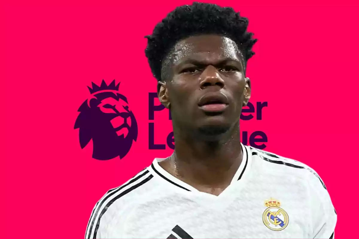 A player wearing a Real Madrid jersey appears in front of the Premier League logo on a pink background.