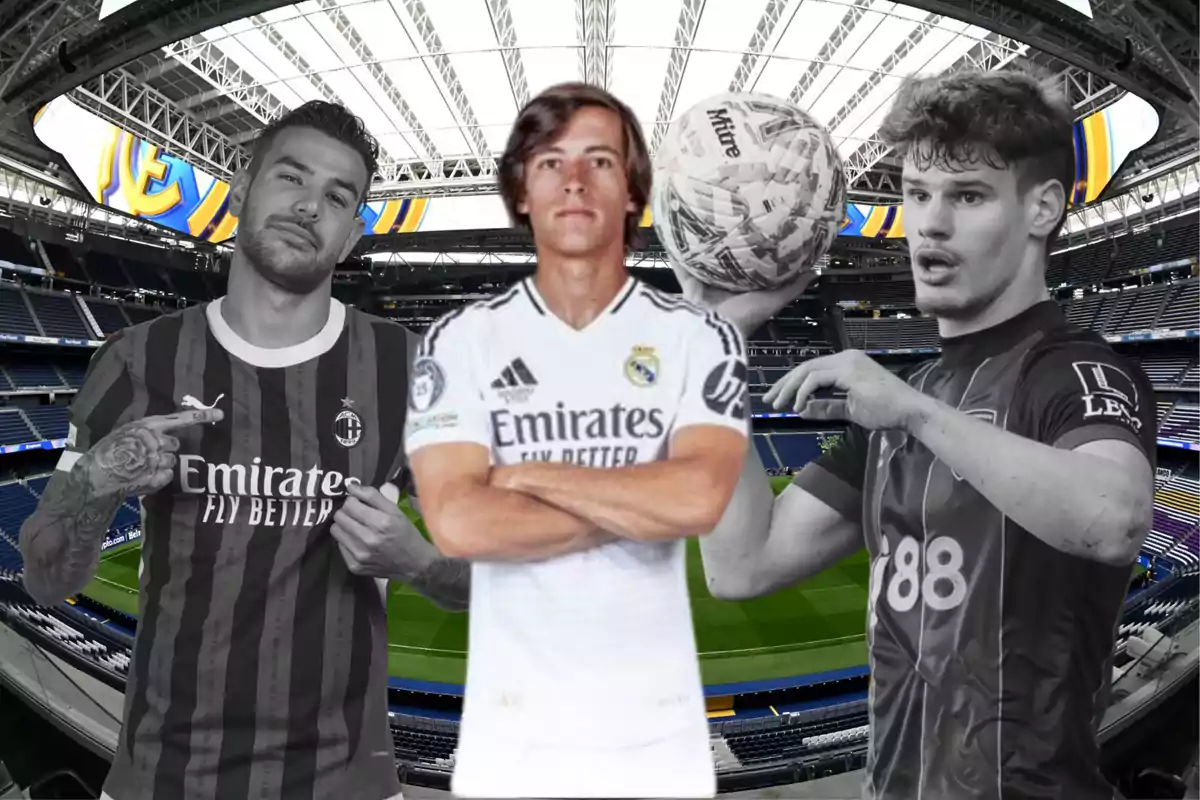 Three players pose in a stadium, one wearing a Real Madrid jersey, another an AC Milan jersey, and the third a team jersey with the number 88, with a ball in the center.