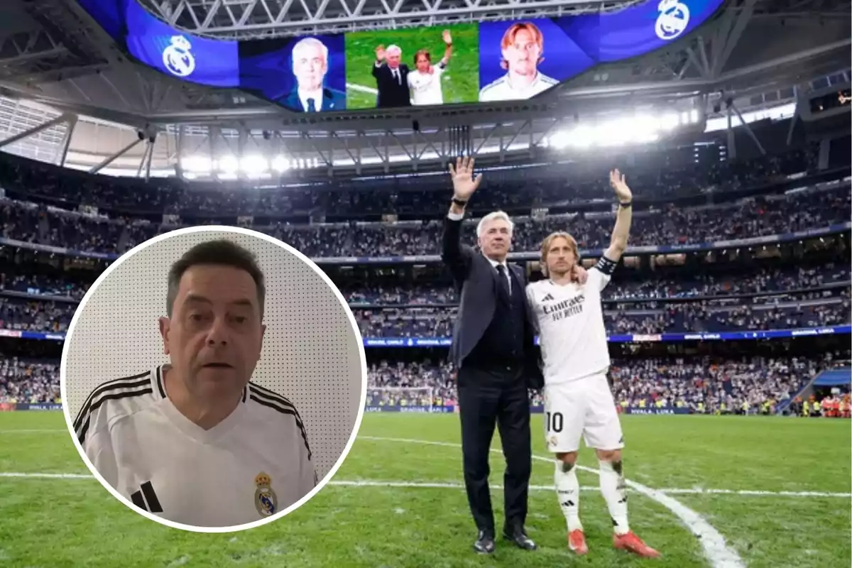 Un entrenador y un jugador de fútbol saludan al público en un estadio lleno, mientras en la pantalla gigante se muestran sus imágenes; en un recuadro, un hombre con camiseta del equipo aparece en primer plano.