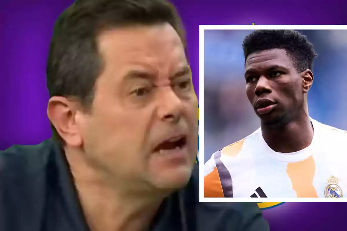 A man speaking with an intense expression and an inserted image of a player wearing a Real Madrid jersey.