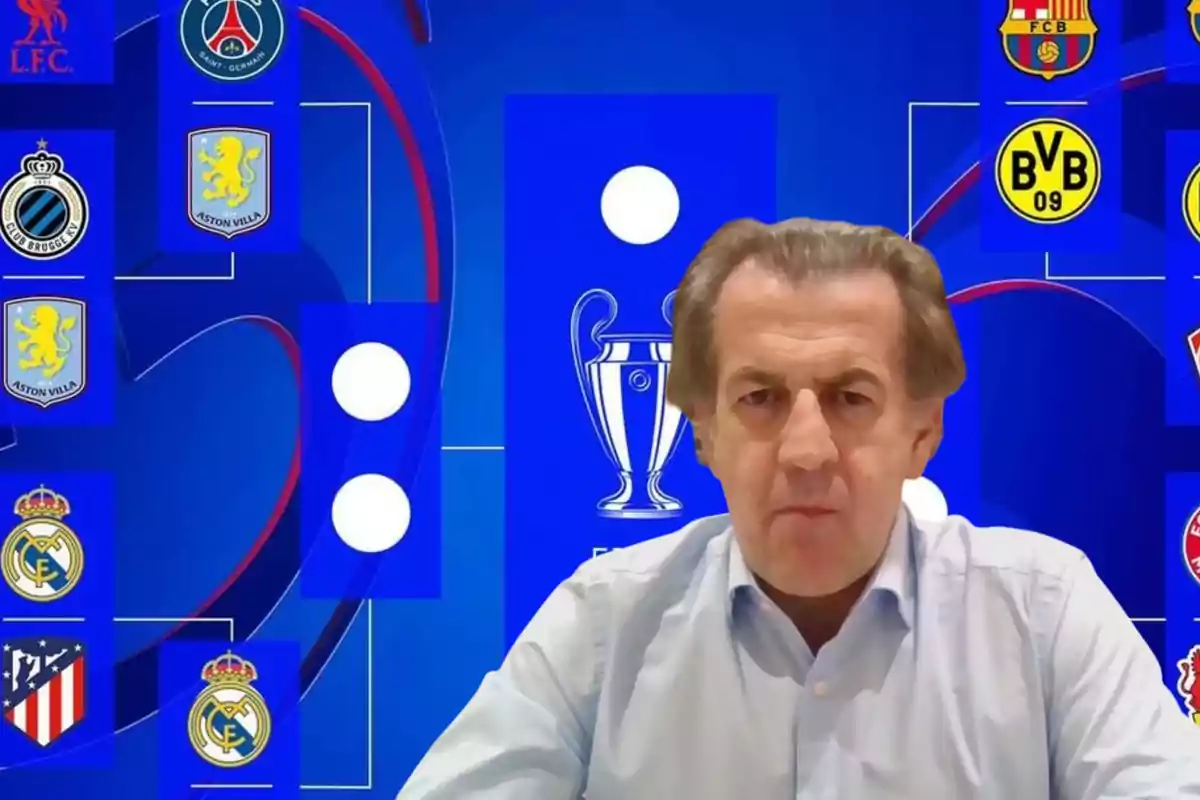 A man in a light jersey is in front of a blue background showing a chart of soccer teams and the Champions League trophy.