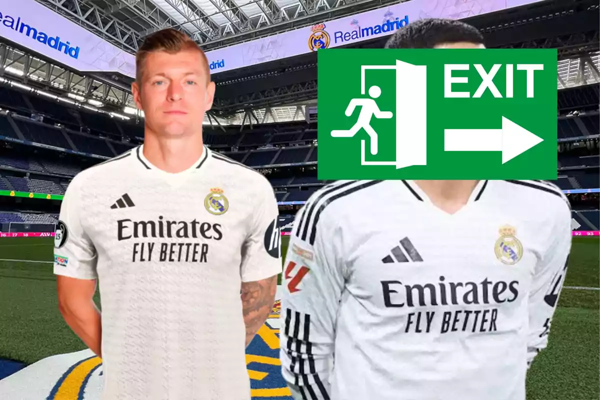 Two Real Madrid players pose in the stadium, one of them has a green emergency exit sign covering his face.