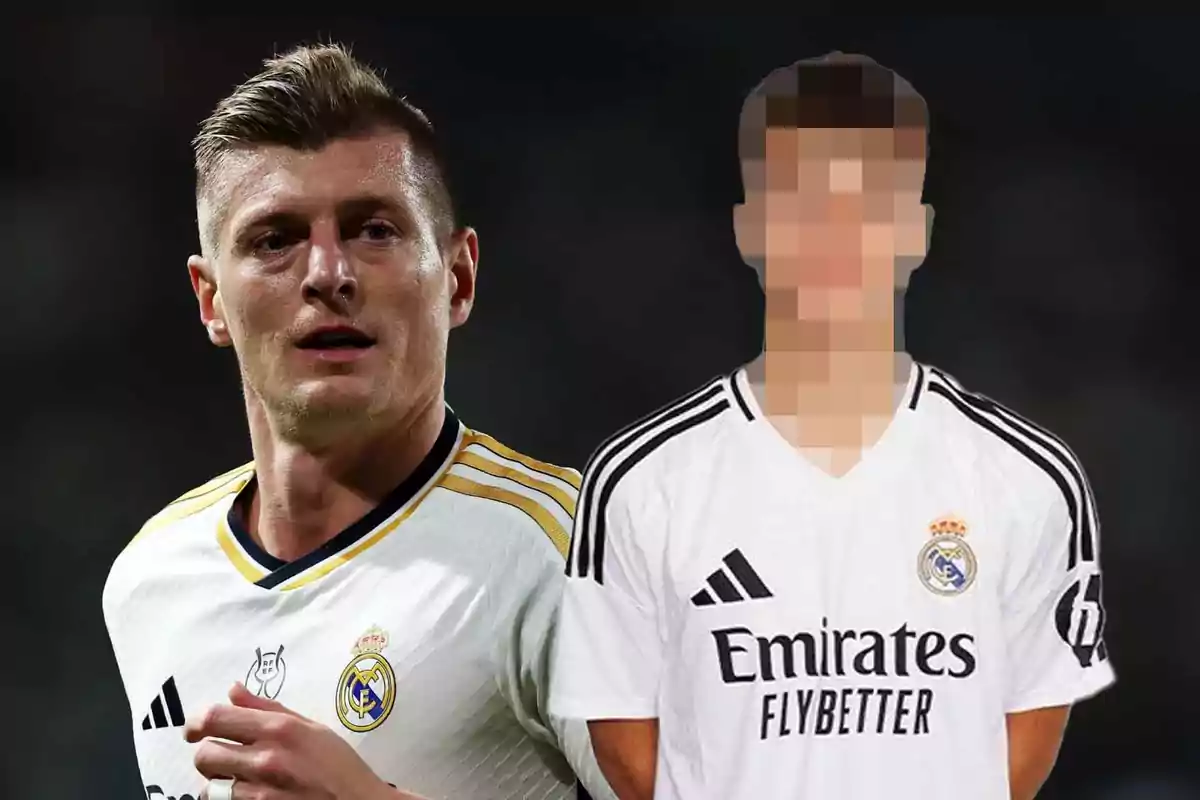 Un jugador de fútbol del Real Madrid junto a otra persona con el rostro pixelado, ambos vistiendo la camiseta del equipo.