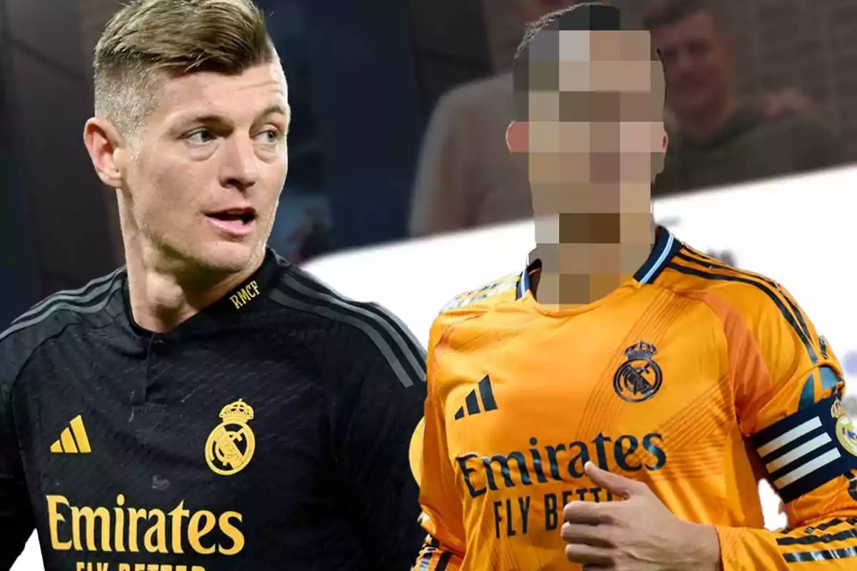 A player in the black Real Madrid uniform next to another player with a pixelated face and the orange uniform of the same team.