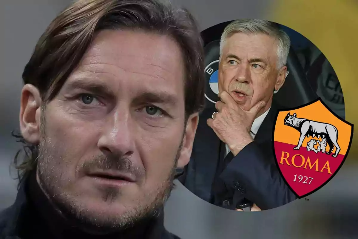 A man with a serious expression in the foreground and another thoughtful man in a circle with the Roma logo.