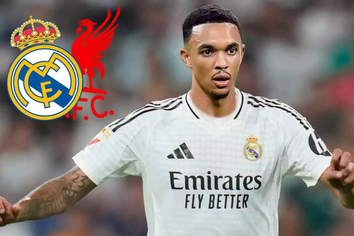 Futbolista con uniforme del Real Madrid y los escudos de Real Madrid y Liverpool al fondo
